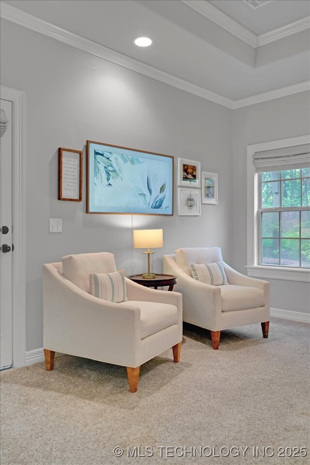 living area featuring crown molding, carpet, and baseboards