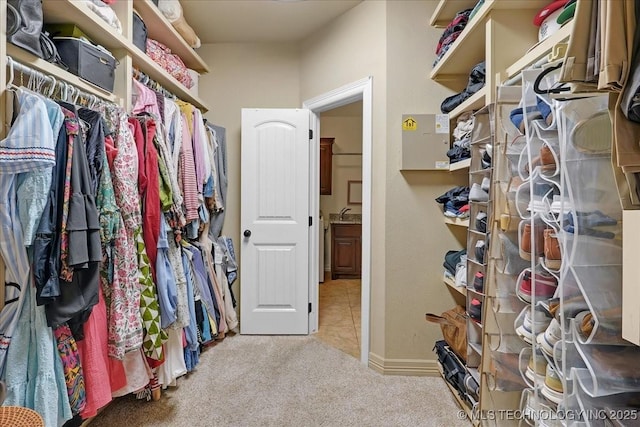 walk in closet featuring light colored carpet