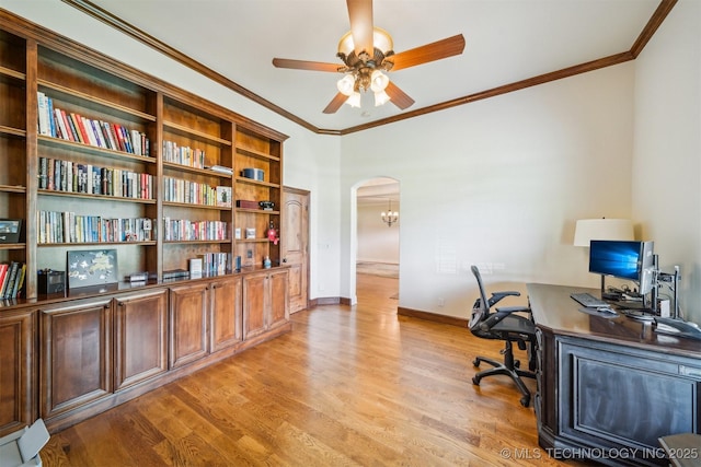 6922 Hackberry Rdg, Owasso, OK 74055 - office area featuring ceiling fan, arched walkways, light wood-style floors, ornamental molding, and baseboards