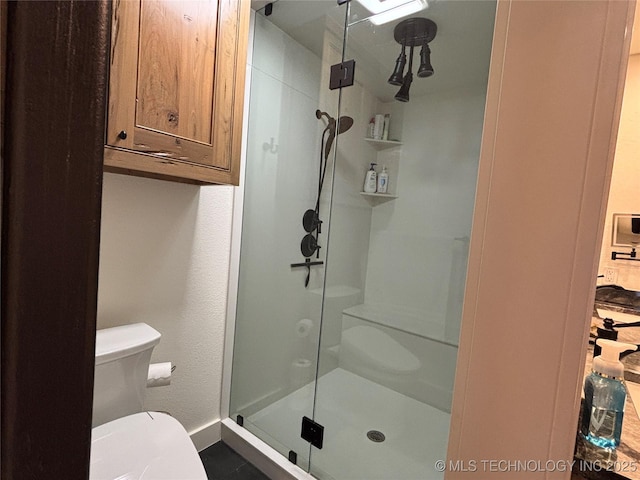 full bathroom featuring baseboards, a stall shower, and toilet