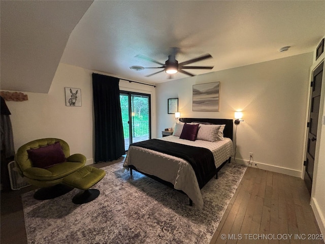 bedroom with ceiling fan, hardwood / wood-style flooring, access to outside, and baseboards