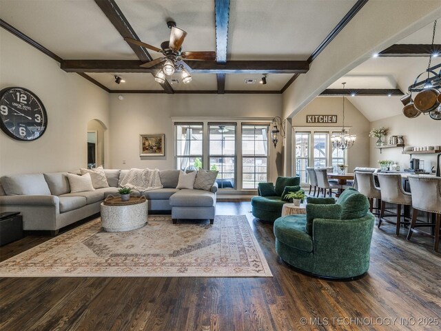 16321 E 48th Pl, Tulsa, OK 74134 - living room featuring ornamental molding, wood finished floors, arched walkways, and ceiling fan with notable chandelier
