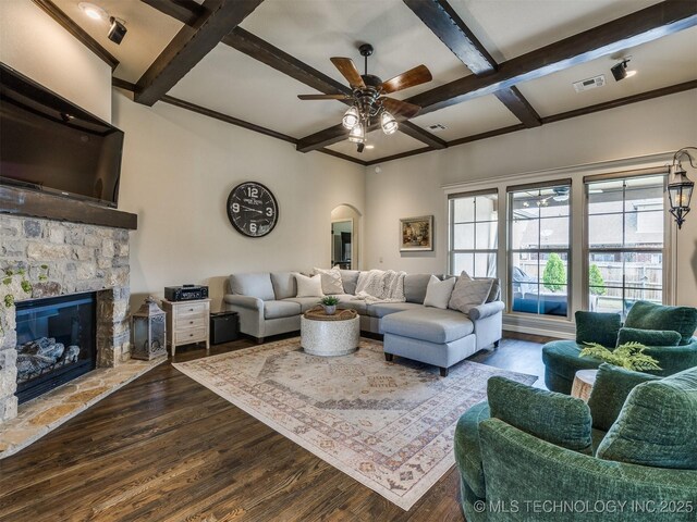 16321 E 48th Pl, Tulsa, OK 74134 - living area featuring arched walkways, coffered ceiling, ceiling fan, dark wood-style floors, and visible vents