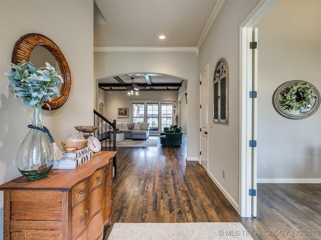 16321 E 48th Pl, Tulsa, OK 74134 - hallway featuring recessed lighting, arched walkways, wood finished floors, and crown molding