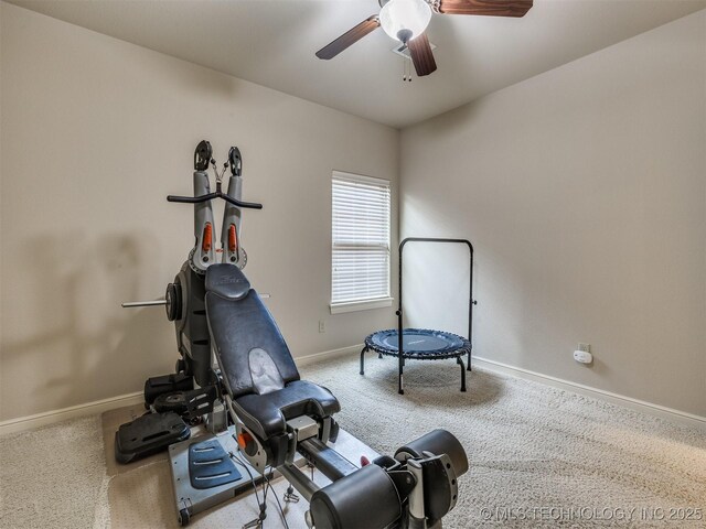 16321 E 48th Pl, Tulsa, OK 74134 - exercise area featuring baseboards, ceiling fan, and carpet flooring