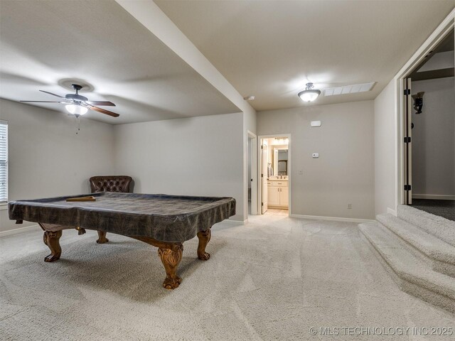 16321 E 48th Pl, Tulsa, OK 74134 - playroom with a ceiling fan, billiards, light colored carpet, and baseboards