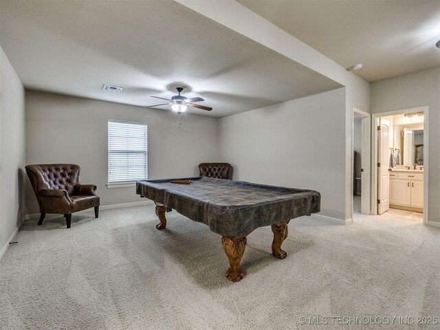 16321 E 48th Pl, Tulsa, OK 74134 - game room featuring visible vents, billiards, a ceiling fan, and light carpet