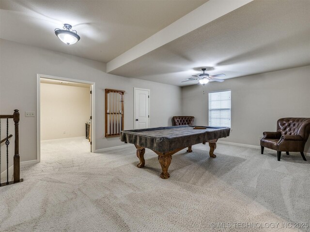 16321 E 48th Pl, Tulsa, OK 74134 - game room featuring billiards, ceiling fan, carpet floors, and baseboards