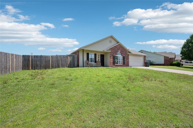 11213 N 120th E Ave, Owasso, OK 74055 - ranch-style home featuring a front lawn, a garage, brick siding, concrete driveway, and fence