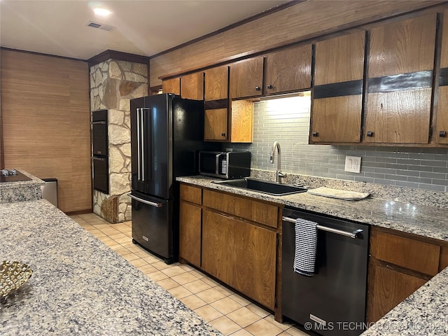 2621 Chuckwa St, Durant, OK 74701 - kitchen featuring black appliances, a sink, light tile patterned flooring, ornamental molding, and tasteful backsplash
