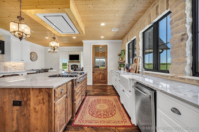 5393 W 184th St S, Mounds, OK 74047 - kitchen featuring recessed lighting, wooden ceiling, stainless steel appliances, a notable chandelier, and light stone counters