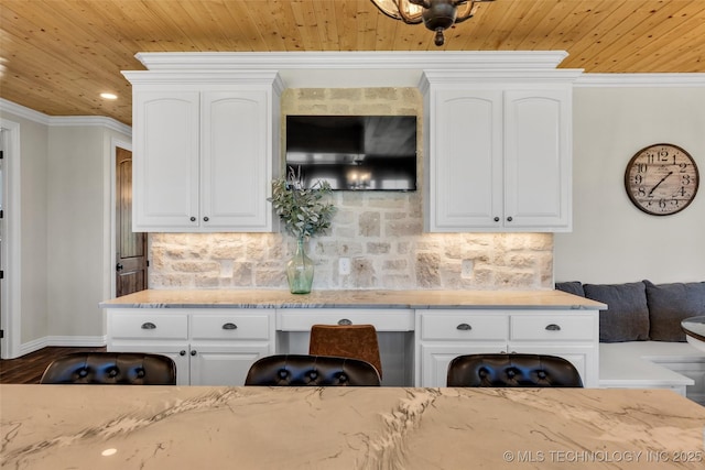5393 W 184th St S, Mounds, OK 74047 - interior details featuring recessed lighting, decorative backsplash, baseboards, ornamental molding, and wood ceiling