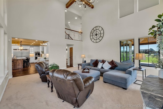 5393 W 184th St S, Mounds, OK 74047 - living area featuring recessed lighting, a chandelier, high vaulted ceiling, baseboards, and light colored carpet