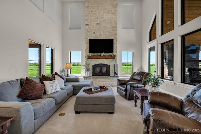 5393 W 184th St S, Mounds, OK 74047 - living area with a high ceiling and a fireplace