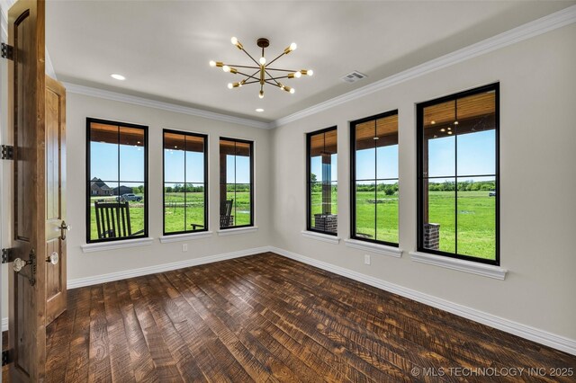 5393 W 184th St S, Mounds, OK 74047 - empty room featuring visible vents, dark wood-style floors, baseboards, ornamental molding, and a notable chandelier