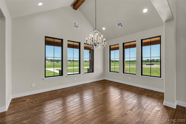5393 W 184th St S, Mounds, OK 74047 - unfurnished dining area featuring dark wood-type flooring, visible vents, a chandelier, and beamed ceiling