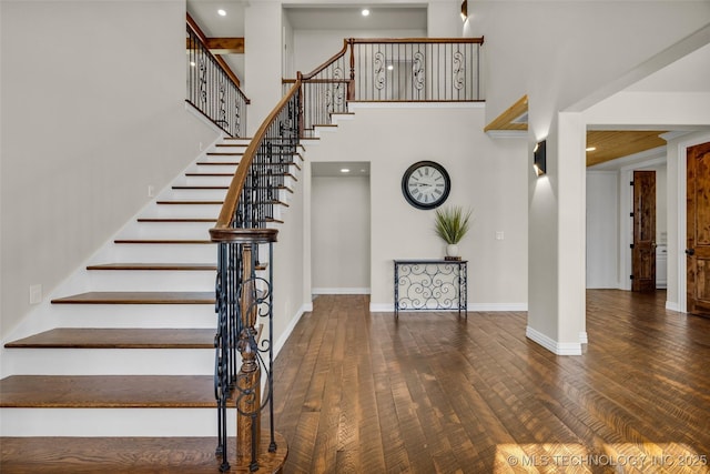 5393 W 184th St S, Mounds, OK 74047 - stairs with recessed lighting, a high ceiling, wood finished floors, and baseboards