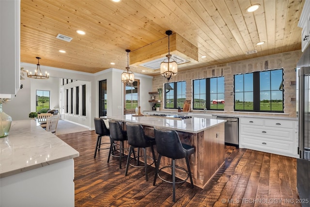 5393 W 184th St S, Mounds, OK 74047 - kitchen with an inviting chandelier, white cabinetry, wood ceiling, dishwasher, and dark wood finished floors
