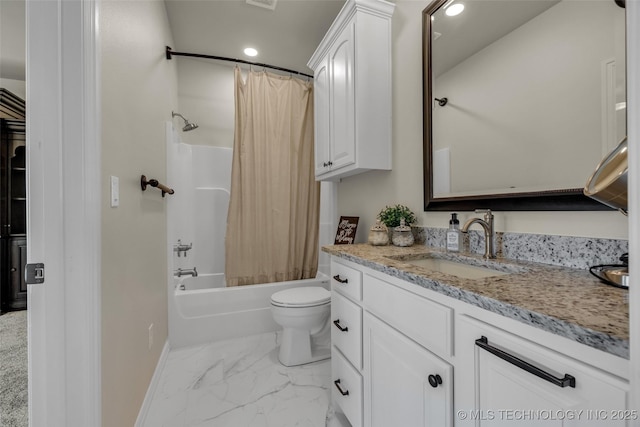 5393 W 184th St S, Mounds, OK 74047 - full bathroom with recessed lighting, marble finish floor, shower / bathtub combination with curtain, toilet, and vanity