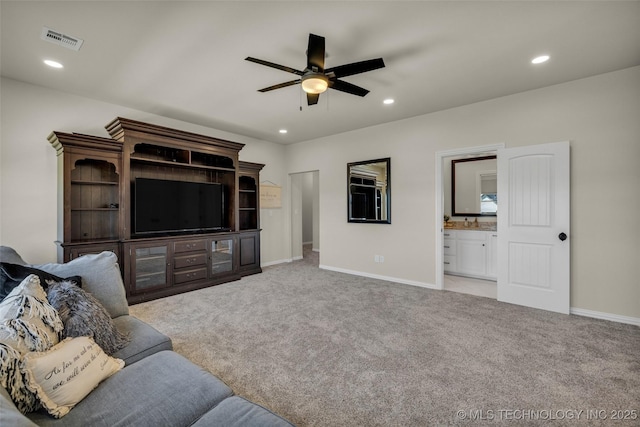 5393 W 184th St S, Mounds, OK 74047 - carpeted living room with visible vents, a ceiling fan, recessed lighting, and baseboards