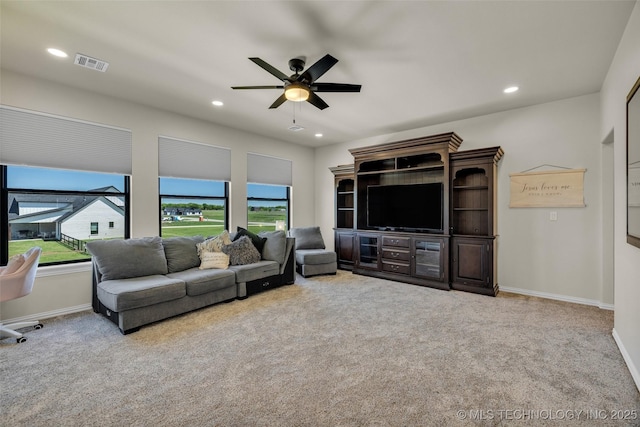 5393 W 184th St S, Mounds, OK 74047 - living area with recessed lighting, a ceiling fan, visible vents, and carpet floors