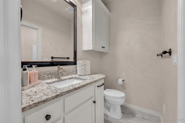 5393 W 184th St S, Mounds, OK 74047 - bathroom featuring marble finish floor, toilet, vanity, baseboards, and visible vents