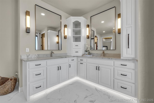 5393 W 184th St S, Mounds, OK 74047 - full bath with recessed lighting, a sink, double vanity, and marble finish floor