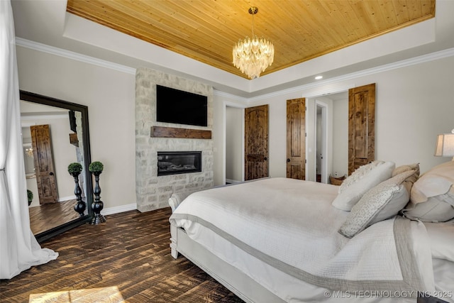 5393 W 184th St S, Mounds, OK 74047 - bedroom featuring a chandelier, wooden ceiling, a raised ceiling, and a fireplace