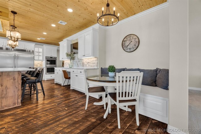 5393 W 184th St S, Mounds, OK 74047 - dining room featuring crown molding, recessed lighting, an inviting chandelier, and wooden ceiling