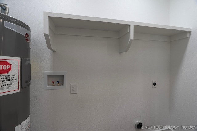 laundry area featuring water heater, hookup for an electric dryer, laundry area, and hookup for a washing machine