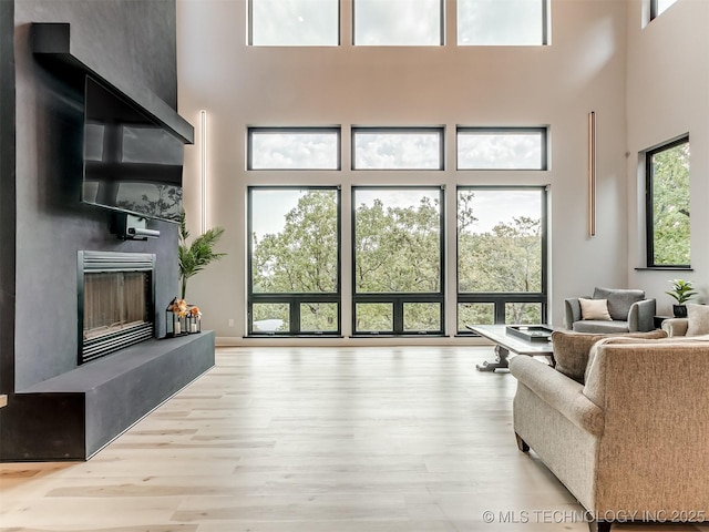 living area with wood finished floors, a fireplace, and a towering ceiling