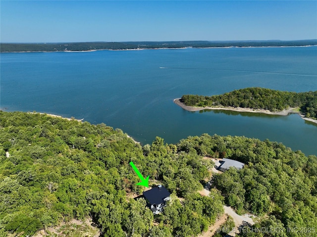 aerial view with a water view and a forest view