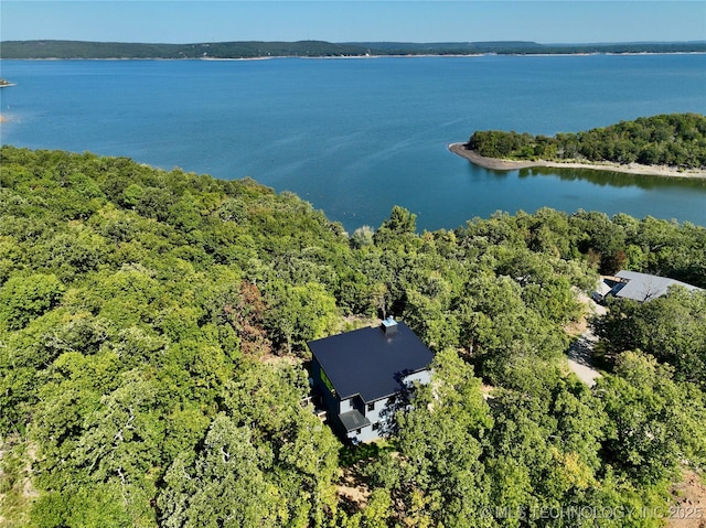 birds eye view of property featuring a forest view and a water view