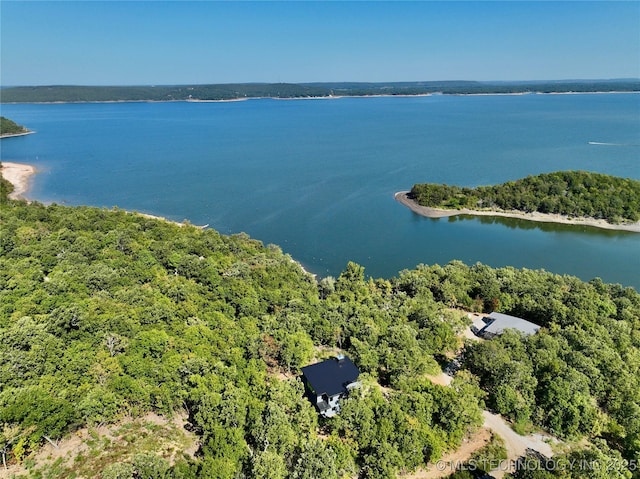 aerial view featuring a water view and a view of trees