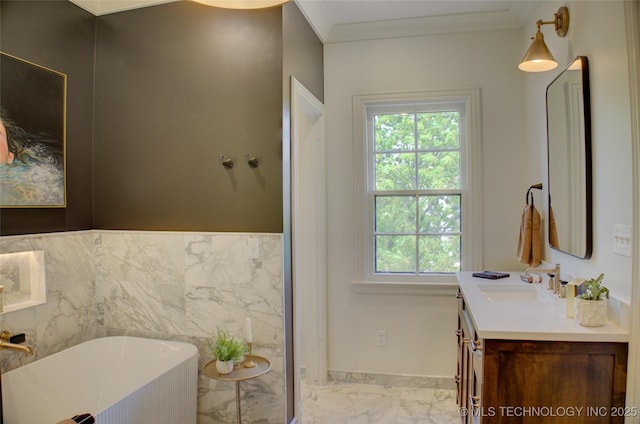 2156 S Owasso Pl, Tulsa, OK 74114 - full bathroom with a freestanding bath, vanity, plenty of natural light, and marble finish floor