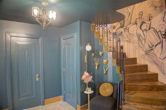 2156 S Owasso Pl, Tulsa, OK 74114 - entryway featuring stairs, baseboards, and an inviting chandelier