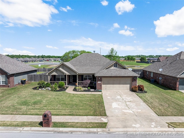 view of front of home with covered porch, brick siding, a front yard, concrete driveway, and an attached garage