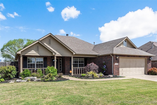 view of front of home with concrete driveway, an attached garage, a shingled roof, and brick siding