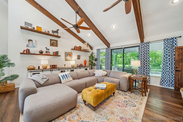 living room featuring lofted ceiling with beams, a ceiling fan, wood finished floors, and baseboards