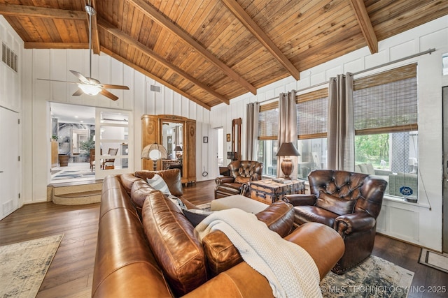 living area featuring dark wood finished floors, wood ceiling, ceiling fan, beam ceiling, and visible vents