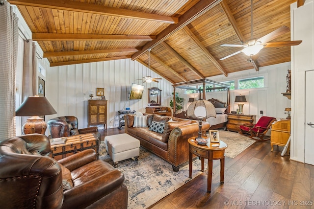 living room with wooden ceiling, lofted ceiling with beams, ceiling fan, and dark wood-type flooring