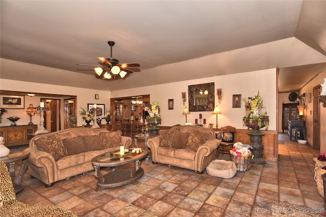 3001 Bacon Rd, Muskogee, OK 74403 - living area featuring stone finish floor and ceiling fan