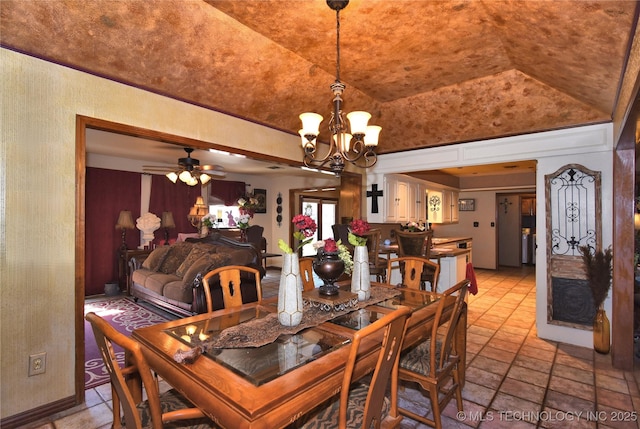 3001 Bacon Rd, Muskogee, OK 74403 - dining space featuring lofted ceiling and ceiling fan with notable chandelier