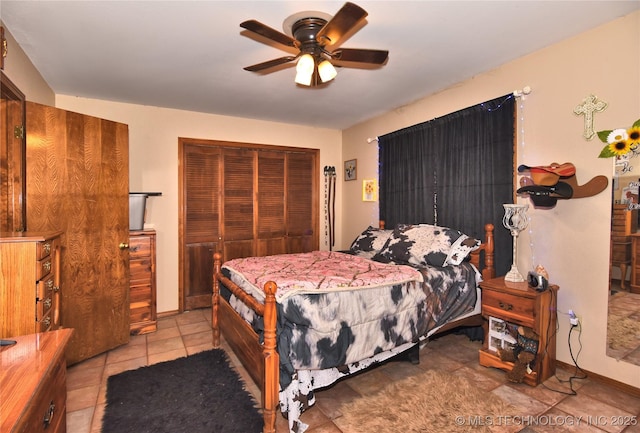 3001 Bacon Rd, Muskogee, OK 74403 - bedroom featuring a ceiling fan, tile patterned flooring, and a closet