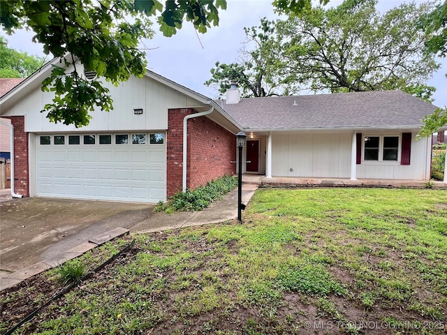 single story home with a front lawn, a garage, brick siding, a chimney, and concrete driveway