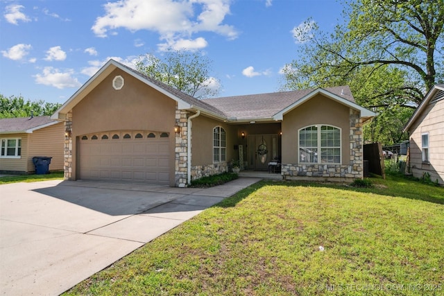 539 N Gunter St, Vinita, OK 74301 - ranch-style house featuring stucco siding, stone siding, a front yard, concrete driveway, and an attached garage