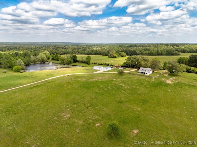 bird's eye view featuring a rural view, a water view, and a view of trees