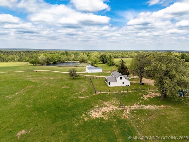 bird's eye view featuring a rural view and a water view