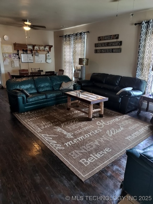 living room featuring a ceiling fan and wood-type flooring