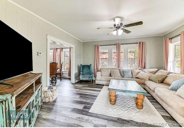 living room featuring ornamental molding, ceiling fan, and wood finished floors